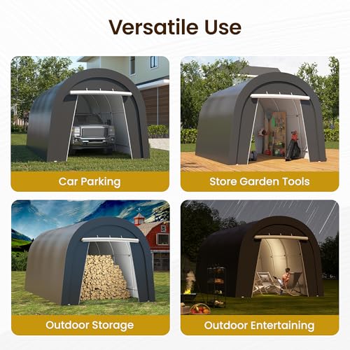 Kiss the Water Domed Carport with 4 Cloth Bags, Portable Garage with 2 Roll-up Doors, Heavy Duty Car Canopy Party Tent, All-Season Storage Shelter Shed for Cars, Truck, or Garden Tools, 10' x 20' Kiss the Water