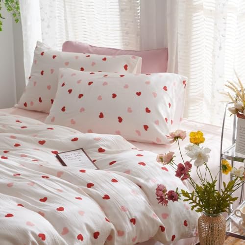 Bildenly Heart Comforter Set Twin Size 2 Pieces Red Pink Heart Comforter Bedding Sets for Girls Kids Cute Love Hearts Bed in A Bag Bedding with 1 Pillowcase for All Seasons Bildenly