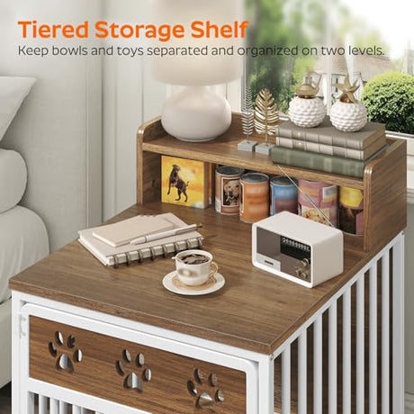 YATINEY Dog Crate Furniture for Small Dogs, Wooden Dog Kennel, Indoor Pet Crate End Table, Two-Tier Small Pet Crate, for Living Room, Bedroom, White and Walnut DC01WH YATINEY