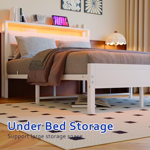 VECOCHO Full Size Bed Frame with LED Lights,Upholstered Headboard with Storage Shelves&Charging Station, Heavy Duty LED Bed Frame Full Mattress Foundation No Box Spring Needed, Noise Free,White VECOCHO