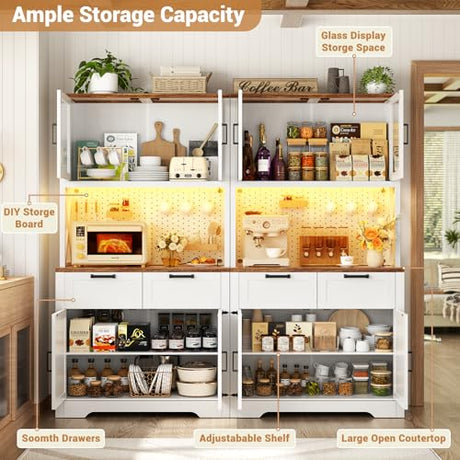 Unikito 71" Tall Kitchen Pantry Storage Cabinet with LED Light & Outlet, 63" Wide Kitchen Hutch Cabinet with Large Countertop, DIY Pegboard and Drawers, Farmhouse Food Pantry for Living Room, Unikito