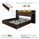 AMERLIFE 45'' Farmhouse King Bed Frame with 4 Drawers, LED Bed Frame with Bookcase Headboard & Side Shelves, Wood Platform Bed with Charging Station, Walnut AMERLIFE