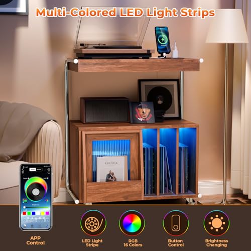 Large Record Player Stand with Sliding Door and Wheels,200 Vinyl Record Storage Cabinet, Record Player Table with Power Outlet & LED Light,Turntable Stand with Wood Legs for Living Room,Bedroom Loomie