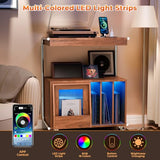 Large Record Player Stand with Sliding Door and Wheels,200 Vinyl Record Storage Cabinet, Record Player Table with Power Outlet & LED Light,Turntable Stand with Wood Legs for Living Room,Bedroom Loomie