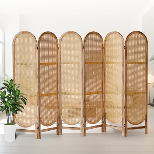 Asnefeli 6 Panels Room Divider, Foldable Wooden Room Divider, Individual Privacy Screen Made of Hand-Woven Rattan, Portable Wall Divider for Home Office Bedroom Bathroom Dressing Room (Natural) Asnefeli