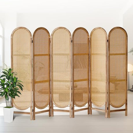 Asnefeli 6 Panels Room Divider, Foldable Wooden Room Divider, Individual Privacy Screen Made of Hand-Woven Rattan, Portable Wall Divider for Home Office Bedroom Bathroom Dressing Room (Natural) Asnefeli