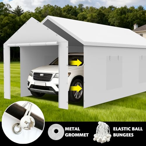 10x20FT Carport Canopy Front/Back Panel Entrance Door Tarp with Zippers, Waterproof & UV Protected Replacement Sidewall Cover with Ball Bungees (White) Voxary