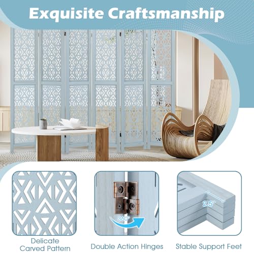 Giantex Room Divider 6 Panels - Boho Room Dividers with Carved Cutout Pattern & Solid Wood Frame, Fully Assembled, 65'' Folding Privacy Screen Partition Wall Divider for Room Separation, Light Blue Giantex