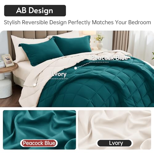 MUXHOMO 7 Pieces Full Comforter Set, Reversible Bed in a Bag Full Size, All Season Bedding Set with Comforter, Flat Sheet, Fitted Sheet, Pillowcases & Shams, Peacock Blue & Ivory MUXHOMO