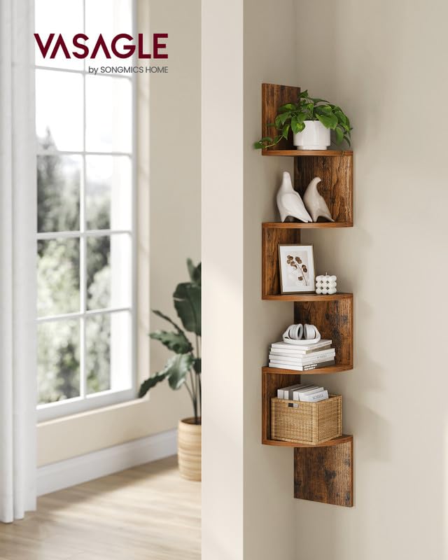 VASAGLE Corner Shelf Wall Mount, 5-Tier Floating Corner Bookshelf, Plant Shelf for Bedroom, Living Room, Bathroom, Home Office, Rustic Brown ULBC72BX VASAGLE