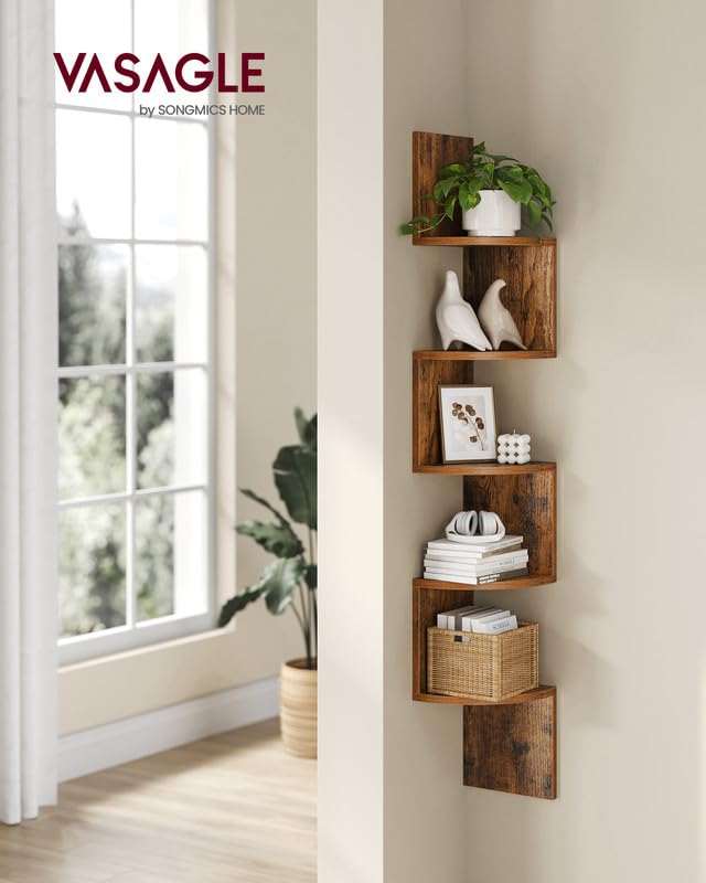 VASAGLE Corner Shelf Wall Mount, 5-Tier Floating Corner Bookshelf, Plant Shelf for Bedroom, Living Room, Bathroom, Home Office, Rustic Brown ULBC72BX