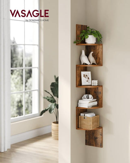 VASAGLE Corner Shelf Wall Mount, 5-Tier Floating Corner Bookshelf, Plant Shelf for Bedroom, Living Room, Bathroom, Home Office, Rustic Brown ULBC72BX