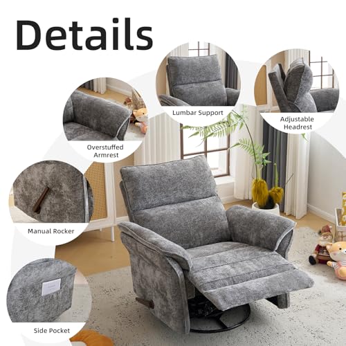 Rhevoy Oversized Glider Rocker Recliner, 26" Extra Wide 360° Swivel Nursery Recliner with Adjustable Headrest, Chenille Rocking Nursery Chair with Overstuffed Armrest, Lumbar Support, Dark Grey