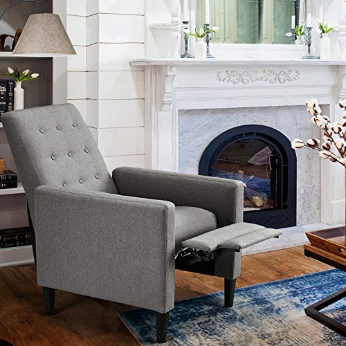 Yaheetech Fabric Recliner Chair with Adjustable Back & Footrest, Mid-Century Modern Accent Armchair Reading Chair, Tufted Upholstered Sofa with Pocket Spring for Living Room Bedroom Gray