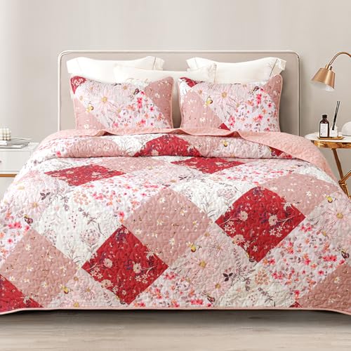 Whale Flotilla Patchwork Quilt Twin Size, Extra Soft Boho Floral Bedspreads for Bed Reversible Lightweight Twin Quilt Bedding Set Printed Coverlets with 1 Pillow Sham for All Seasons, Red Whale Flotilla
