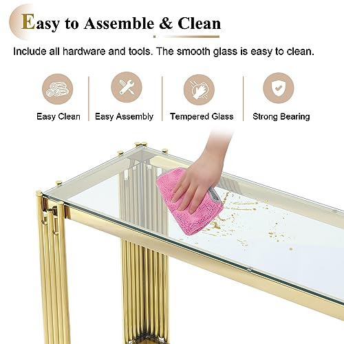 Goujxcy Gold Coffee Table Set of 4 Luxury 2-Tier Black Glass Coffee Table Console Table & 2 End Table w/Mirrored Stainless Steel Frame 4 Pieces Living Room Table Set for Home Office Goujxcy