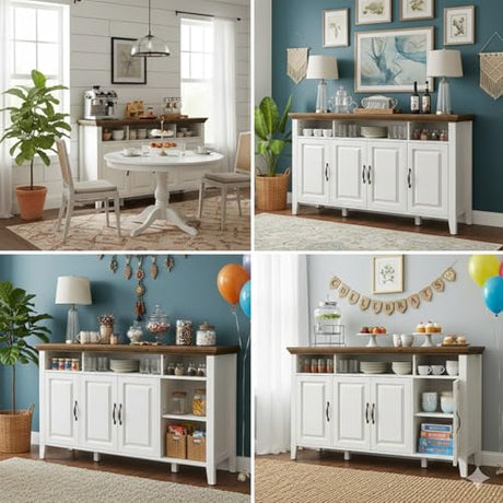 Amada Buffet Cabinet with Storage, 55" Large Sideboard Storage Cabinet with Adjustable Shelves, 4 Doors, Modern Farmhouse Coffee Bar Cabinet AMADA HOMEFURNISHING