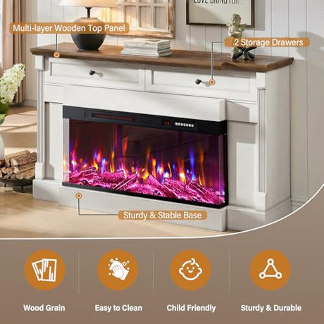 BREEZEHEAT 61" Electric Fireplace with Mantel, Freestanding Fireplace Heater TV Stand with 40" 3-Side Glass Insert for TVs Up to 70" with 2 Drawers for Living Room, Antique White BREEZEHEAT