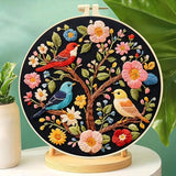 Zhenqing Three Birds on Floral Tree Embroidery Kit for Beginners, Pre-Printed 29x29cm Cotton Fabric with 20cm Hoop, Colorful Birds Design on Dark Background (C0240)