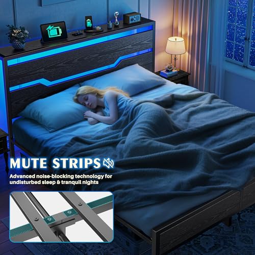 Homkdom King Size Bed Frame with LED Lights & Charging Station, King Bed Frame and Headboard,Metal Bed Frame King Size Heavy Duty,13" Under Bed Storage,No Box Spring Needed, No Noise,Modern Black Homkdom