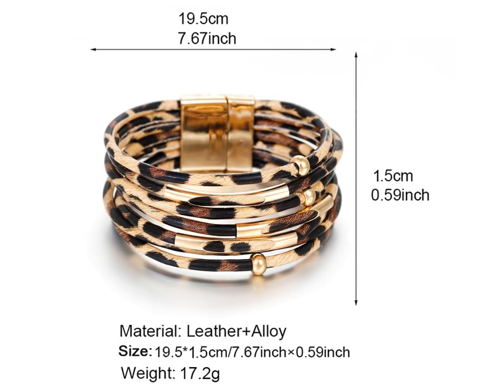 Fesciory Leather Wrap Bracelets for Women, Boho Leopard Multi-Layer Crystal Beads Cuff Bracelet Jewelry (Brown Leopard) Fesciory