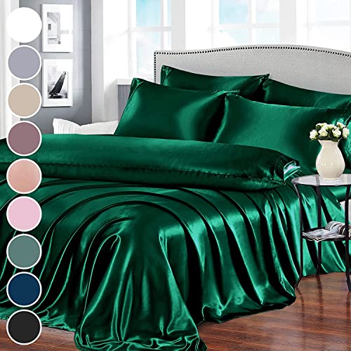 Homiest 7pcs Satin California King Size Bed Set, Blackish Green Luxury Satin Bedding, 1 Deep Pocket Fitted Sheet, 1 Flat Sheet, 4 Pillowcases, 1 Body Pillowcase Homiest