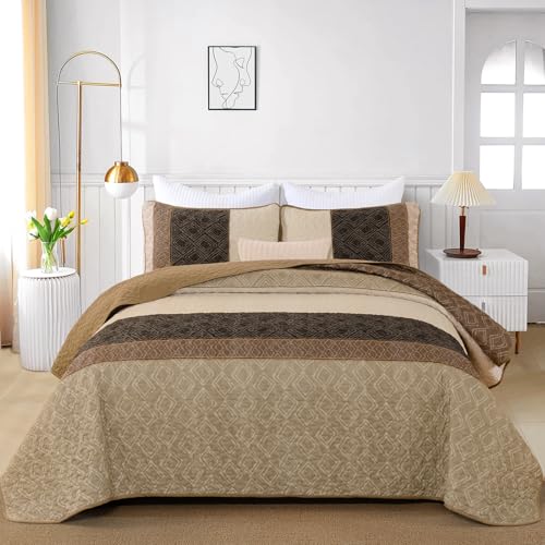 Boho Queen Quilt Set,Striped Plaid Bedspread Coverlet Set,Light Brown Bedding Set Soft Microfiber Bedding Set with 2 Pillow Shams 96"x90" Cottolester