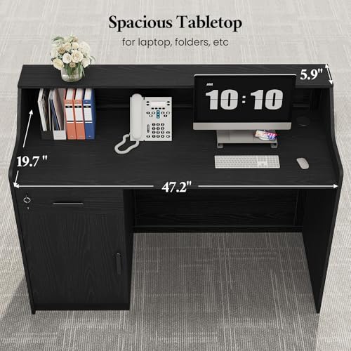 Reception Desk with Counter, Front Desk with Storage Cabinet and Drawer, 47 inch Modern Retail Counter with Cable Grommet for Checkout, Barber, Beauty Salon, Home Office