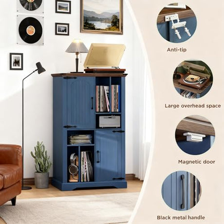 Maupvit Large Record Player Stand, 47" Farmhouse Navy Blue Vinyl Record Storage Cabinet with Barn Doors, Mid-Century Freestanding Rustic Wood Turntable Stand Maupvit