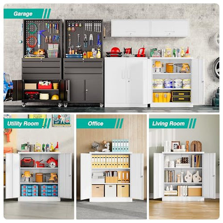 SISESOL White Metal Storage Cabinet with Doors and Shelves,36 inch Small Metal Cabinet with Lock,Short Garage Storage Cabinets,Locking Steel Cupboard for Home,Office,Kitchen,Garages SISESOL