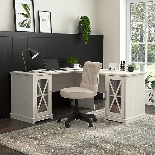 Bush Furniture Lennox Farmhouse L Shaped Desk with Storage Cabinets | Corner Computer Table for Home Office Workspace, 60W, Linen White Oak Bush Business Furniture