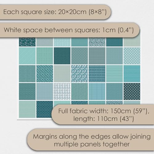 Cotton Satin Patchwork Fabric Panel – 35 Designs, 20×20 cm Squares, Single Piece 150×110 cm, Green Patchwork Quilt Fabric (Turquoise Waves Patchwork Set, 35pcs 8x8 inch) Fabricstown