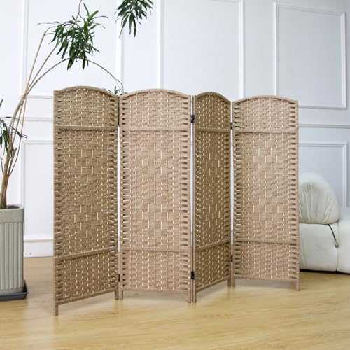 Furnnylane 4 Panel Rattan Divider Short Room Partition Screen,Double Sided Folding Divider for Room Separation,Light Brown,47.2" H x 63" W Furnnylane