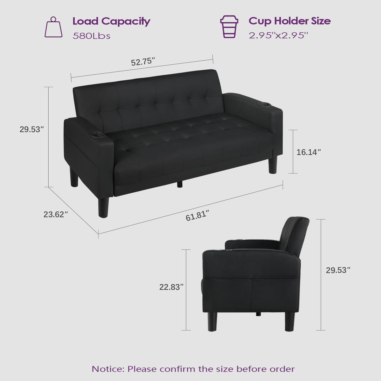 TYBOATLE Sofa Couch 62" W Loveseat w/ 2 USB Charger Ports & 2 Cupholders, Mid-Century Modern Black LeatherTufted Small Love Seat Couches for Office,Compact Living Room,Bedroom,Apartment,Dorm (2) TYBOATLE