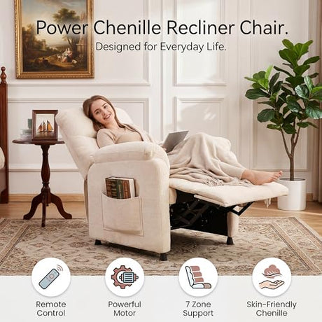 Veemuaro Power Recliner Chair, Electric Reclining Armchair with Remote and Memory Function for Small Space, Soft Chenille Fabric 7-Zone Support, Heavy Duty Steel Frame Veemuaro