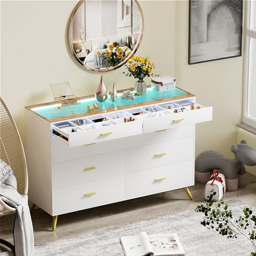 PAKASEPT White Dresser with LED Lights for Bedroom,8 Drawer Dressers with Tempered Glass Top,Chests of Drawers with 2 Grid Drawer,Storage Organizer Dresser for Hallway,Living Room - WoodArtSupply