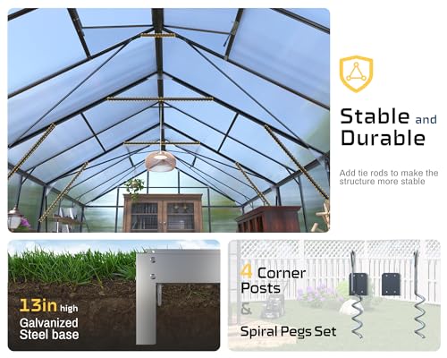 AMERLIFE 10x16x10 FT Polycarbonate Greenhouse Double Swing Doors 4 Vents 6.3FT Added Wall Height, Walk-in Large Aluminum Greenhouse Sunroom Winter Greenhouse for Outdoors, Black AMERLIFE
