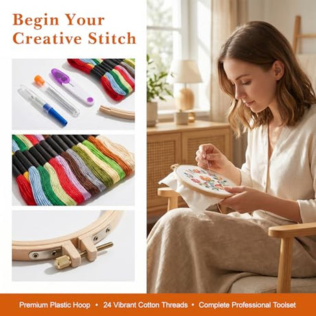 Tofficu 2026 Upgraded Embroidery Stitch Book - 180 Patterns Embroidery Starter Practice Book, Beginner Cross Stitch Supplies Kit with 6-Ring Binder 24-Color Threads & Tools for Adults DIY Craft Gift Tofficu