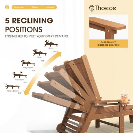 THOEOE Patio Chaise Lounge Chair, Oversized Lounge Chair Outdoor with 5 Positions, 78″ Long, HDPE, Patio Lounge Chair with Wheels & Cup Holder for Pool, Deck, Poolside,Wood THOEOE