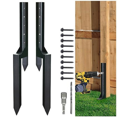 Fence Post Repair Steel Stakes: Anchor Ground Spike 2 Pack Support Bracket for Wood Fence Mender Kit