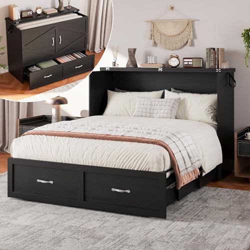 Harpaq Full Size Murphy Bed, Full Size Cabinet Bed Frame with Storage Drawer, Farmhouse Wooden Cabinet for Bedroom/Office/Guest Room, Black+Barnwood Harpaq