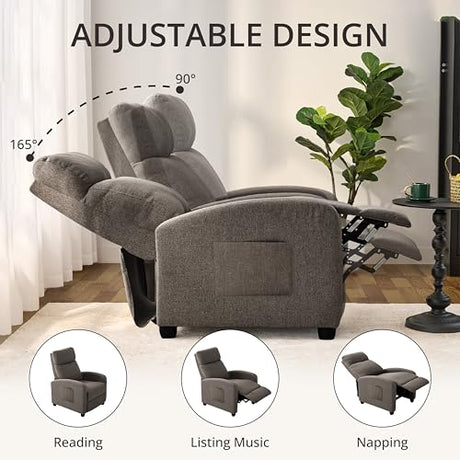 zzlay Recliner Chair for Living Room, Modern Adjustable Home Theater Seating Single Sofa Manual Push Back Armchair with Soft Linen Upholstery & High Backrest for Small Spaces, Linen-Gray zzlay