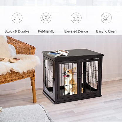 PawHut Dog Crate Furniture, Small Dog Cage End Table with Two Opening Sides, Lockable Door, Puppy Kennel Indoor, Cute and Decorative, Coffee - WoodArtSupply