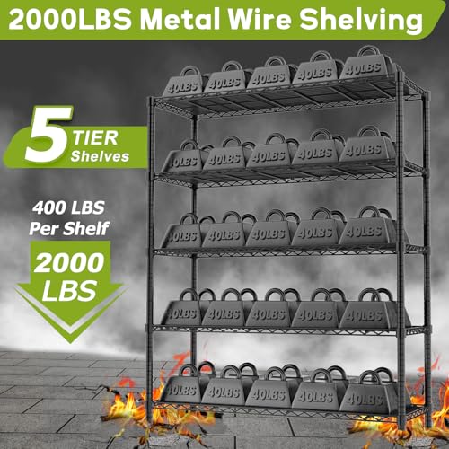 MODCART Storage Shelves, 48" L x 20" W x 72" H Heavy Duty Garage Wire Shelving Unit Loads 2000LBS, 5-Tier Adjustable Metal Industrial Utility Shelf Rack for Kitchen, Laundry Room, Basement MODCART