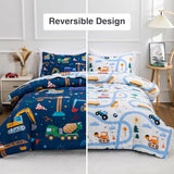 Holawakaka Trucks Tractors Cars Boy Bedding Comforter Set with Sheets, Full Size Cartoon Construction Car Excavator Print Kids Bed in A Bag 5-Piece, Boys Reversible Dorm Bed Sets (Navy Blue Full) Holawakaka