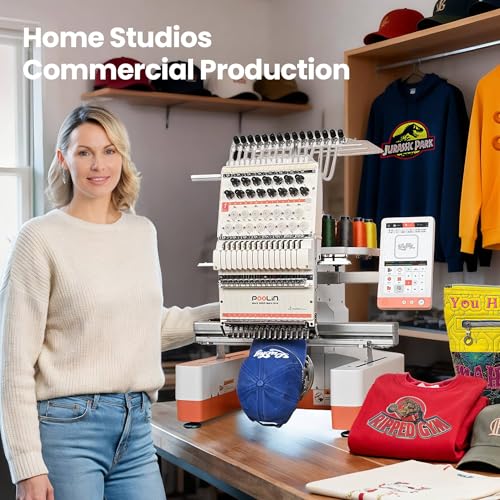 Poolin EOM 15-Needle Commercial Embroidery Machine,14.2"x9.5" Large Embroidery Area for Small Business User Friendly,for Hats,Cap & 3D Caps & Daily Orders,Auto Color Change & Trim,WiFi/USB Transfer