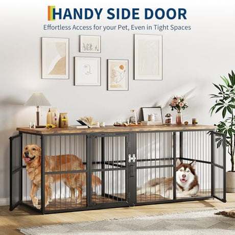 Garvee 87 in Extra Large Double Dog Crate Furniture with Divider, Heavy Duty Indoor Double Dog Cage with 3 Doors, XXL Wooden Pet House TV Stand for 2 Pets, Black+Brown Garvee