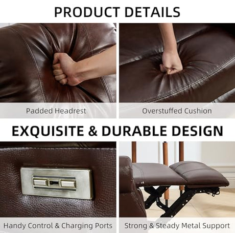 EBELLO Power Recliner Chair with Massage and Heat, Faux Leather Electric Massage Reclining Chair for Adults with Overstuffed Backrest and Side Pocket, Single Sofa for Living Room, Red Brown EBELLO