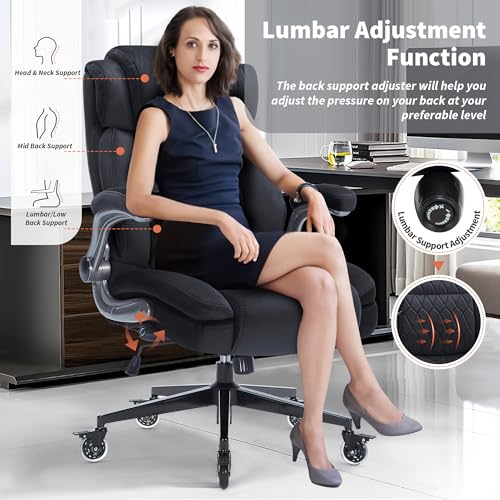 High Back Office Chair 400lbs Fabric- Thick Padded Cloth Computer Desk Chair, Adjustable Lumbar Support & Flip-Up Arms, Locking Wheels - Ergonomic Durable Work Chair for Adults, Men and Women Sunchen