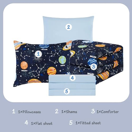 Twin Kids Comforter Set - 5 Pieces Twin Bedding Sets for Boys, Glow in The Dark Space Bed in A Bag with Sheets Kaleido Space